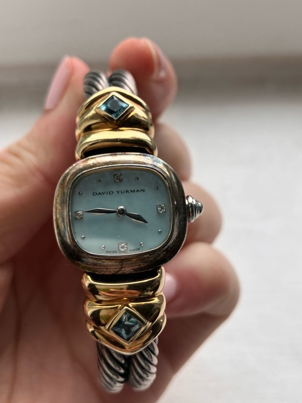 David Yurman Two-Tone Cable Bracelet Watch with Blue Dial and Blue Gem Accents